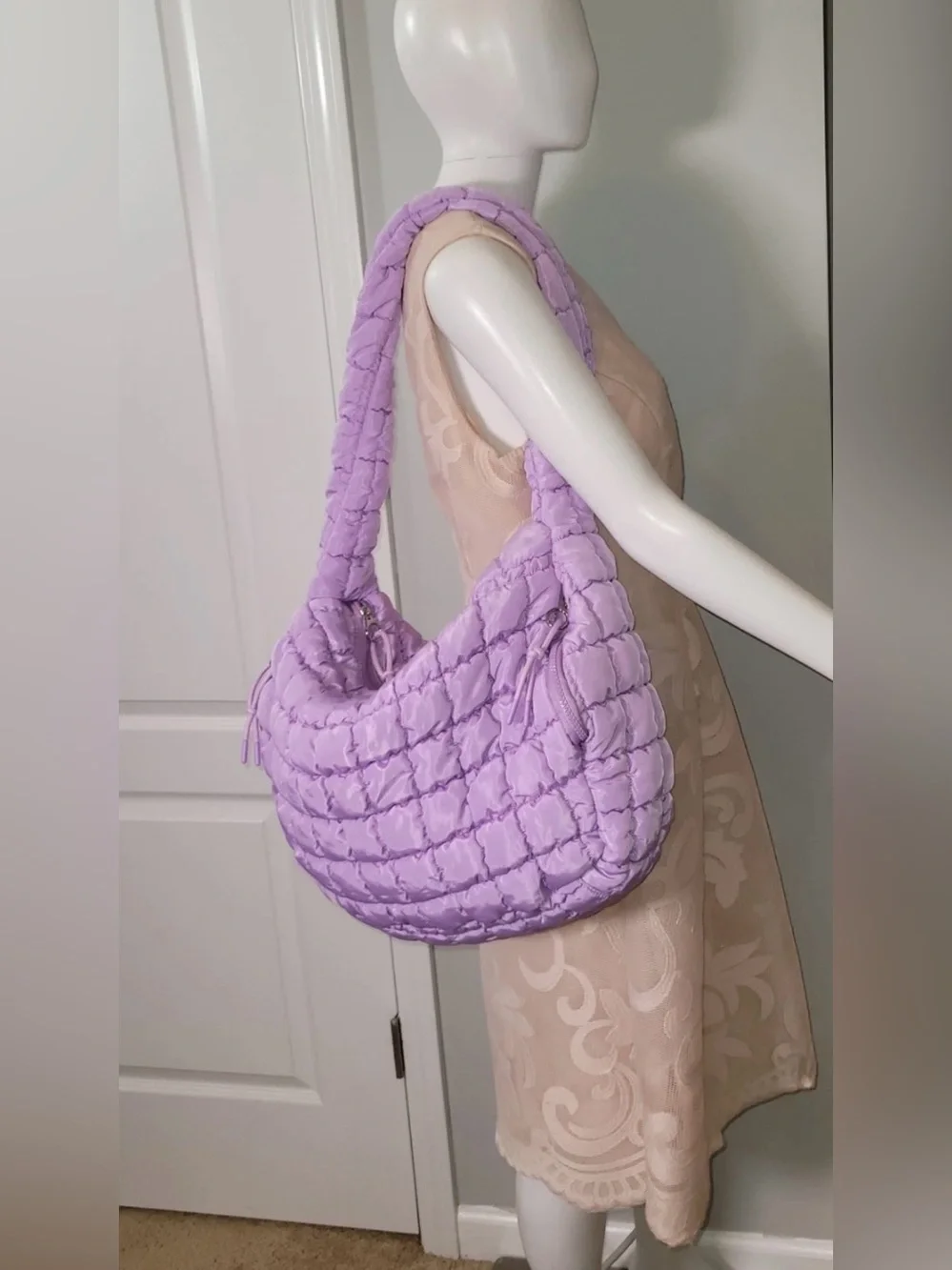 Quilted Puffer Hobo Shoulder Bag Purple Lanvender NWOT
